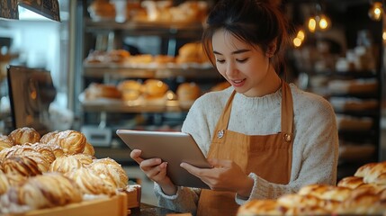 Owner bakery working while pointing order delivery in a digital tablet in a healthy home pastry shop Bakery Shop owner talking on phone with customer and writing down order details : Generative AI