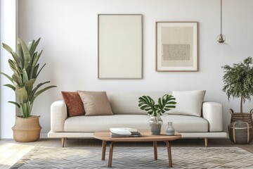 A modern living room featuring a sofa, plants, and decorative elements for a cozy atmosphere.