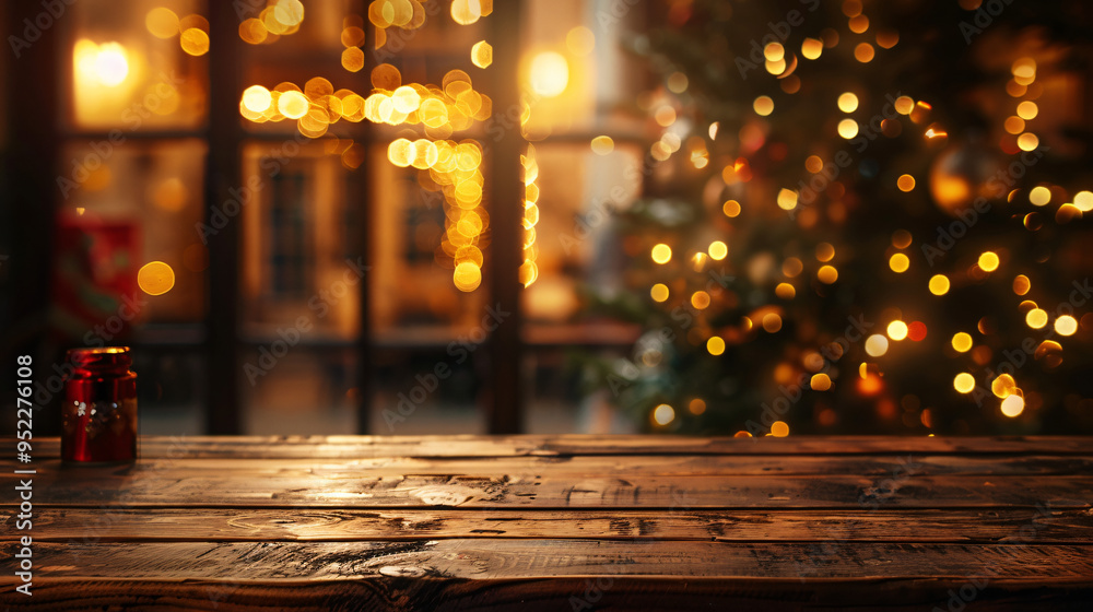 Aufkleber empty wooden table top with christmas tree and lights sparkling on warm background