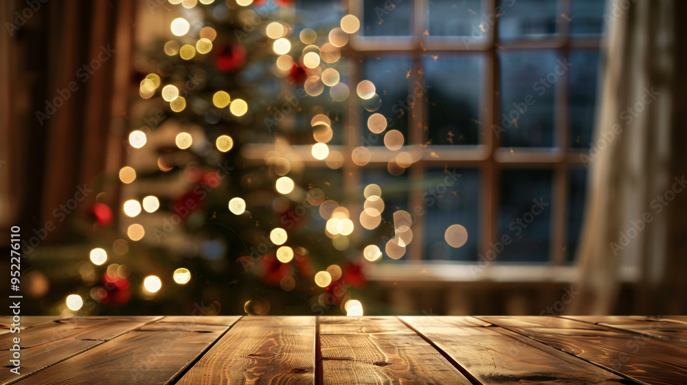 Poster empty wooden table displaying christmas tree lights background for product placement