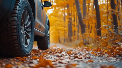 CLOSE UP Black SUV car driving along double yellow forest road past colorful trees on autumn day Detail of car tire spinning while driving through bright autumn forest in sunny fall Ca : Generative AI