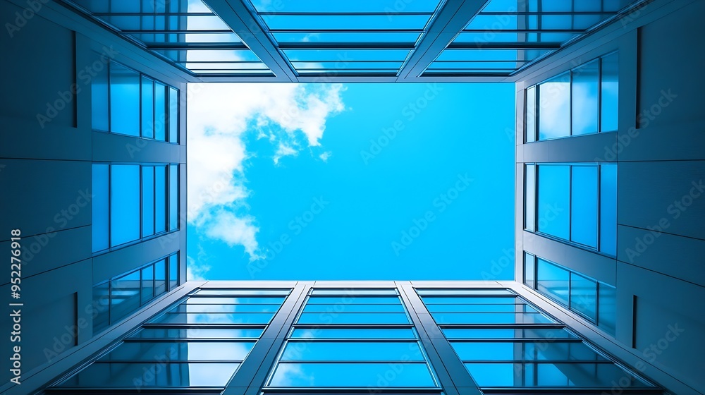 Poster the blue sky frame above the building is viewed from a low angle : generative ai