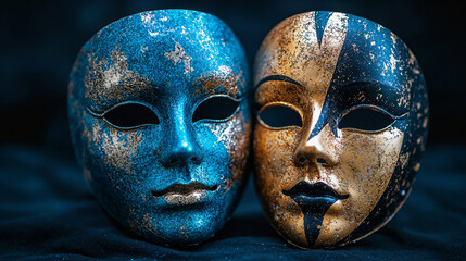 The image shows two theatrical masks representing good and evil on a dark background with copy space. It can be used for drama, theater, performance, and symbolic concept designs.