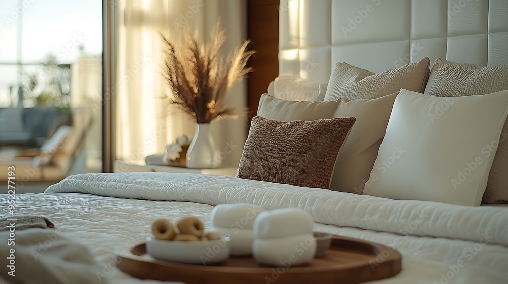 Poster bedroom with a double bed with a white leather upholstered headboard with cushions of various types 