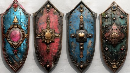 Collection of medieval fantasy shields on white background