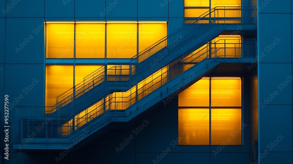 Aufkleber a building with a staircase and windows lit up in yellow the building is tall and has a modern desig