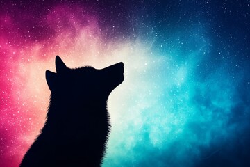 Silhouette of a wolf against a vibrant cosmic background filled with stars and colorful nebulae, evoking a sense of wonder.