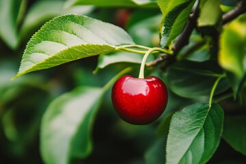 Fresh Dew-Kissed Cherry on Branch