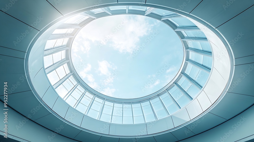 Poster Skylight Curved wall Abstract modern architecture Closeup fragment of interior Round structure of ceiling and roof Minimal futuristic office building background Geometric composition o : Generative AI