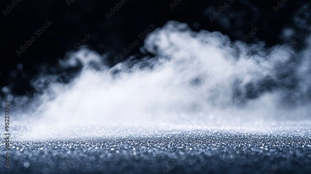 Poster includes closeup shots of abstract white steam or smoke rising upwards from humidifying spray isolat