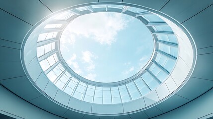 Fototapeta premium Skylight Curved wall Abstract modern architecture Closeup fragment of interior Round structure of ceiling and roof Minimal futuristic office building background Geometric composition o : Generative AI