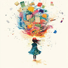Illustration d'une fille et explosion colorée de livres et fournitures