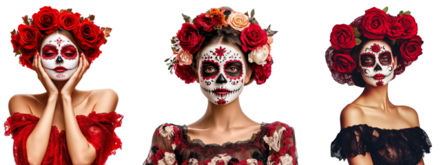 A woman with a sugar skull make up and red flowers in her hair, isolate on transparent background