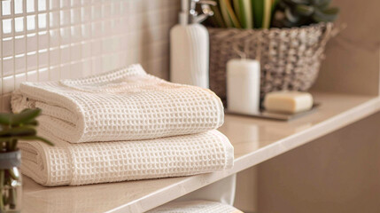A close-up shot of a towel with a waffle weave texture, folded neatly and placed on a bathroom shelf.
