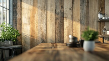 Wallpaper with a rustic wood plank design, creating a warm, cozy atmosphere in a kitchen or dining room.