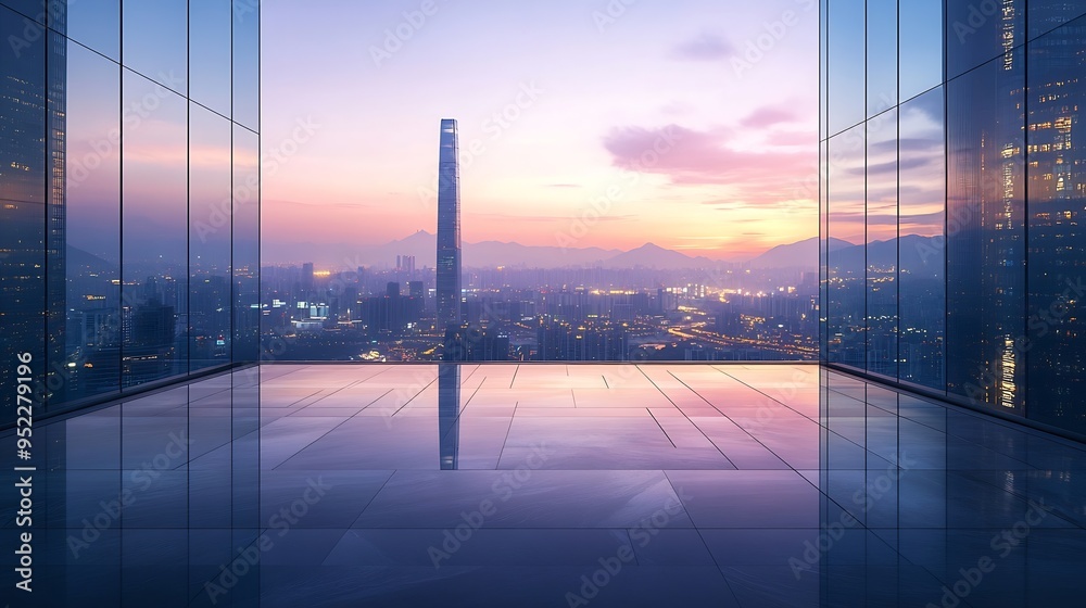 Poster empty square floor and glass wall with city skyline at dusk in shenzhen city square and modern build