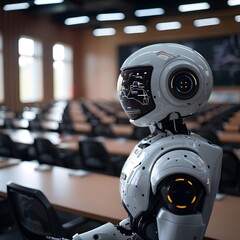 Fototapeta premium Robotic Teacher Conducting a Digital Classroom Representing the Future of Learning