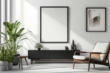A modern living space featuring plants, art, and minimalist furniture.