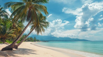 Obraz premium White sand beach with swaying palm trees on the island of Koh Samui, Thailand. No people, copy space.