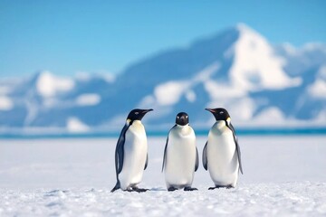 Fototapeta premium Three charming emperor penguins stand on the ice, surrounded by a stunning snowy landscape under a clear blue sky.