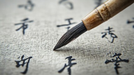 Fototapeta premium A close-up of a Chinese calligraphy brush writing on rice paper. No people, copy space.