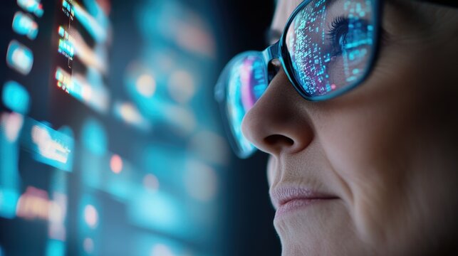 Woman in glasses looks intently at a digital screen with data and code reflecting in the glasses