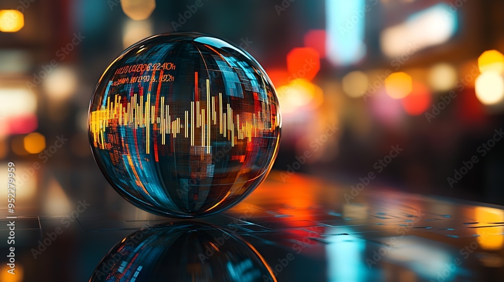 Poster Reflection of financial numbers and graph on glass globe : Generative AI