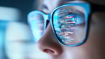 Woman in glasses looks intently at a digital screen with data and code reflecting in the glasses