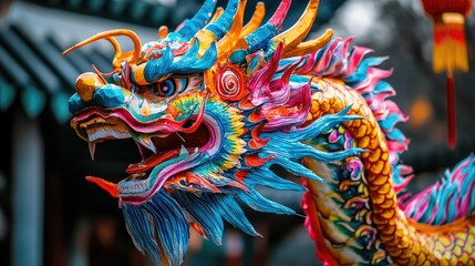 Fototapeta premium A close-up of a Chinese dragon dance prop with vibrant colors. No people, copy space.