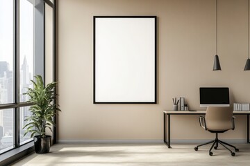 A modern office space featuring a blank wall, desk, computer, and a potted plant.