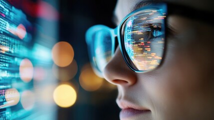 Woman in glasses looks intently at a digital screen with data and code reflecting in the glasses