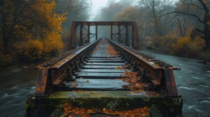A rusty railroad bridge crossing the river with wooden rails