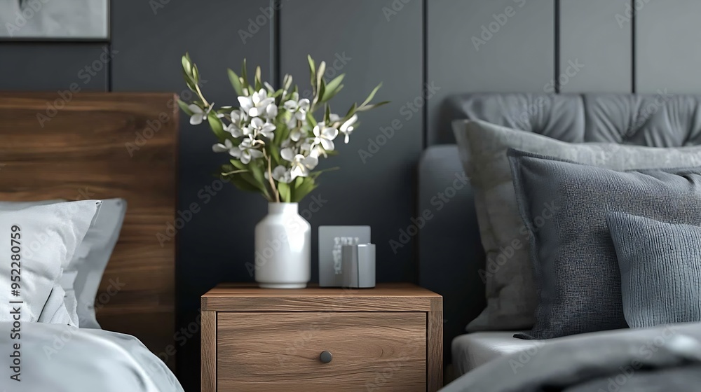 Poster closeup fragment of bedroom with empty wooden bedside table in a gray bedroom : generative ai