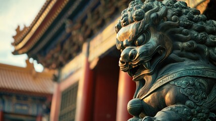 Obraz premium A close-up of a Chinese lion statue guarding a temple entrance. No people, copy space.