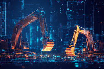 Abstract digital background banner featuring construction machines with a data connection theme in blue and black colors