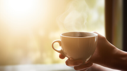 Hand Holding A Steaming Coffee Mug With Morning Light By Window