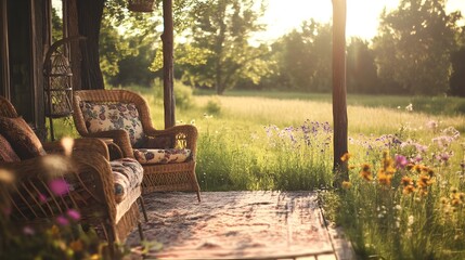 Cozy Countryside Porch with Vintage Furniture and Blooming Flowers in Serene Natural Landscape