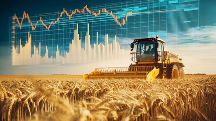 A combine harvester in a wheat field with a stock market graph overlay, symbolizing the connection between agriculture and grain market trends.
