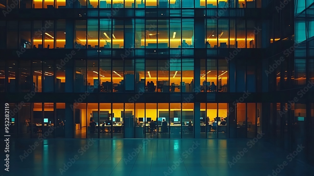 Aufkleber big glowing windows in modern office buildings timelapse at night in rows of windows light shines pe