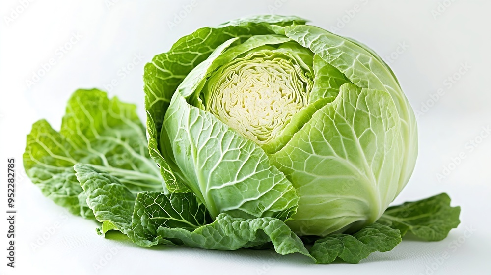 Poster Cut of green cabbage isolated on white background clipping path : Generative AI