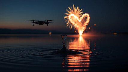 drones create ripples and splash effects as a heart-shaped drop rises back to the surface and explodes into a dazzling display of fireworks or light formations, illuminating the night sky and symboliz