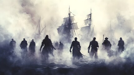 Ghostly Sailing Ships Emerging from Eerie Fog on Turbulent Seas in Dramatic Vintage Scene