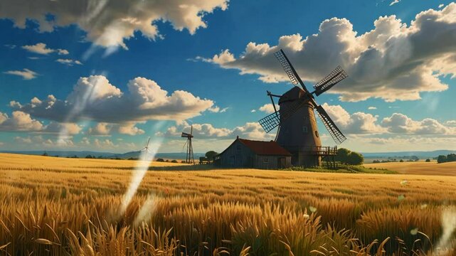 Traditional windmill in wheat field, in anime or cartoon style. Seamless looping 4k video animation
