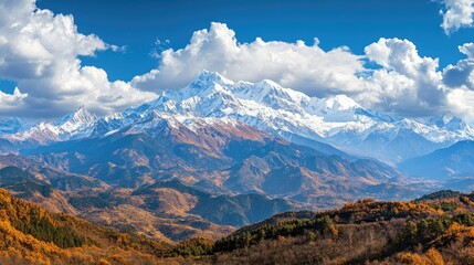 Obraz premium A panoramic view of a Chinese mountain range with snow-capped peaks. No people, copy space.