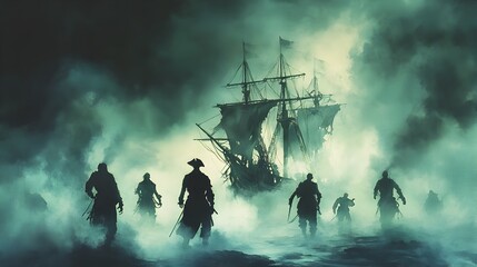 Ghostly Galleon Emerges from Storm Tossed Seas in Dramatic Fantasy Maritime Scene