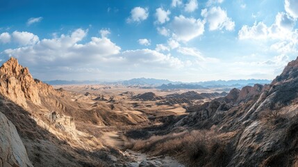 Fototapeta premium A panoramic view of a Chinese plateau with rugged terrain and open skies. No people, copy space.