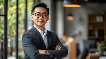 Fototapeta premium Portrait of successful asian businessman with crossed arms businessman investor working inside office building loft looking at camera and smiling satisfied investor financier : Generative AI