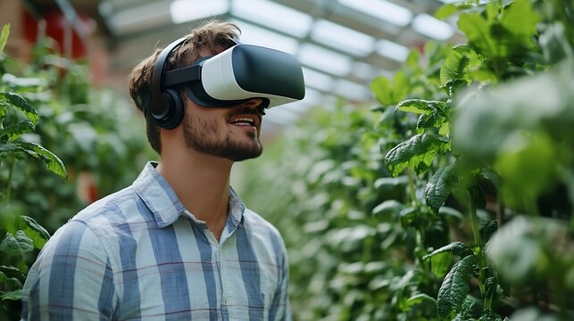 Farmer wearing VR headset for controlling process in greenhouse cultivation Modern and smart agriculture concept : Generative AI