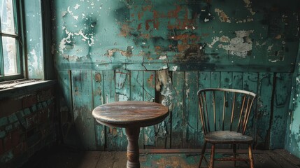 Amid the dust and decay of the abandoned room, a splintered wooden chair, a scuffed old table, and a crumbling wood stool create a vivid tableau of neglect