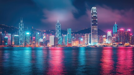 Obraz premium A panoramic view of Hong Kong's Victoria Harbor at night. No people, cityscape with copy space.